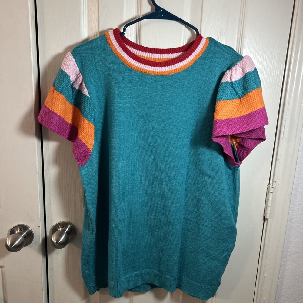 NWT SHEWIN Womens Colorful Short Sleeve Sweater Casual Pullover - XL‎